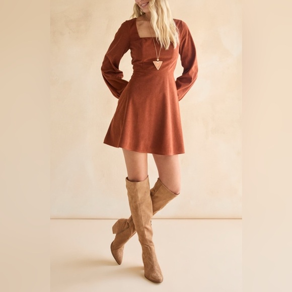 Francesca’s Paulette Corduroy Long Sleeve Rust Orange Mini Dress S - Picture 14 of 16